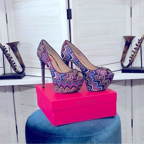 Betsey Johnson Bardot Pink Purple Zigzag Platform Heels 9.5 - Picture 1 of 11